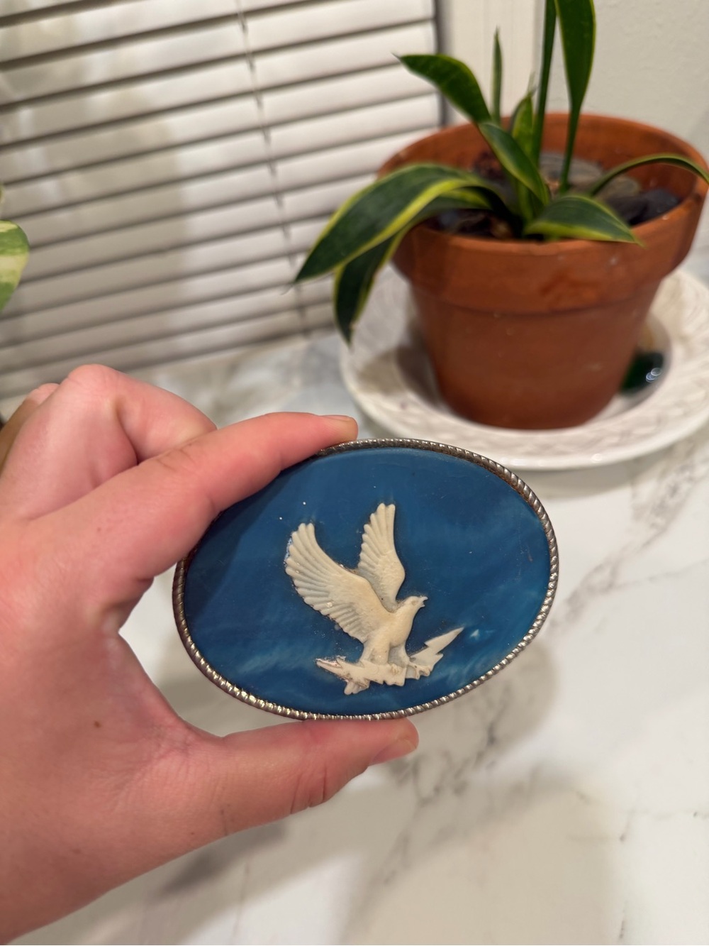Blue Marble Backing, with white Ceramic Eagle Belt Buckle